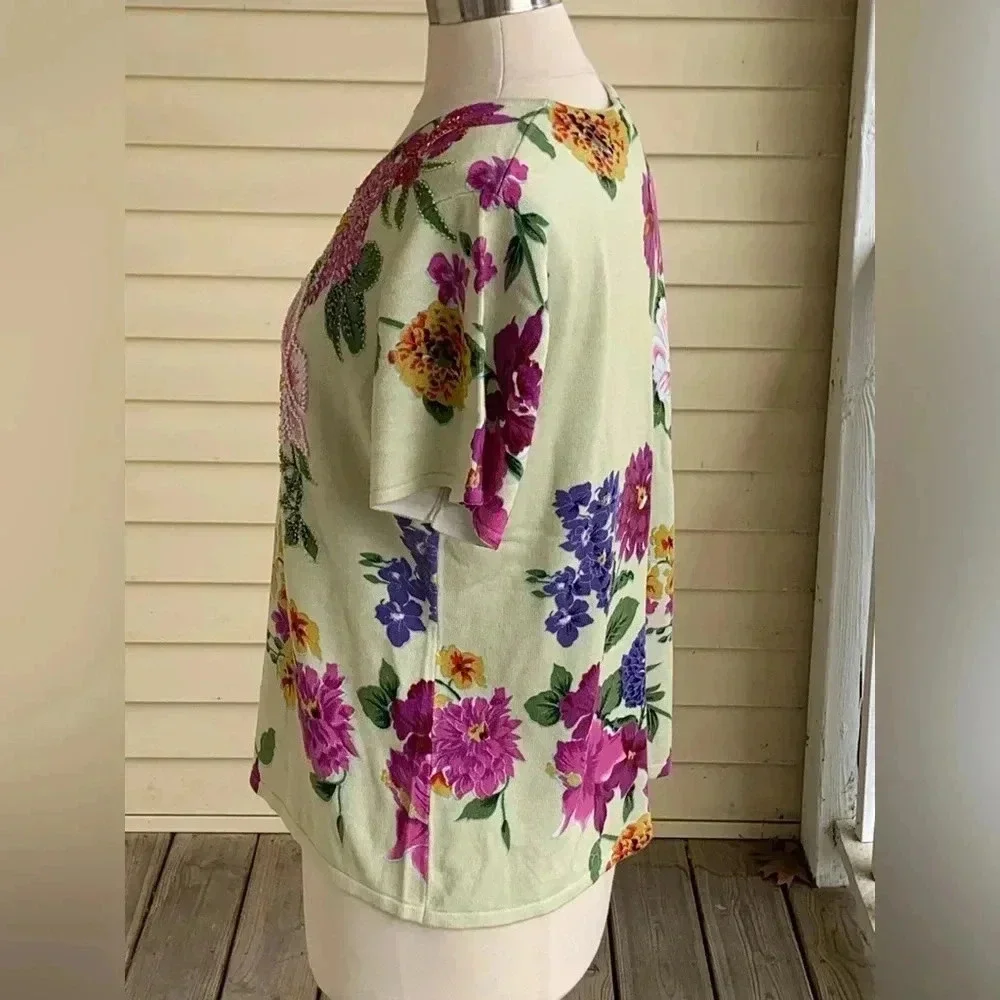 Michelle Nicole Beaded Floral Sweater L Sleeve Light Green Romantic Whimsical